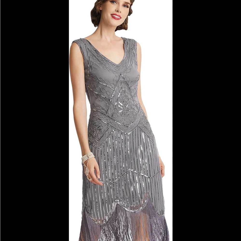 Elegant Beaded Grey Midi Dress